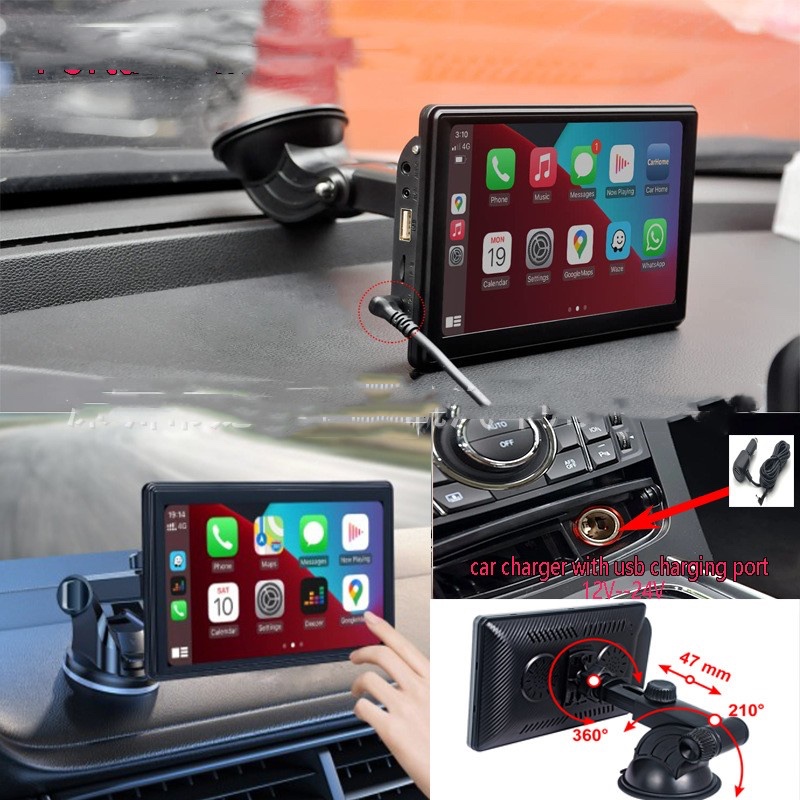 Fourfold Dash 7 on its suction mount on a car dashboard, with close-ups of the mount and the plug that goes into the car's 12 V socket