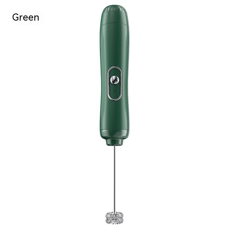 Fourfold Froth 3 handheld milk frother in green, its stainless-steel whisk at the bottom