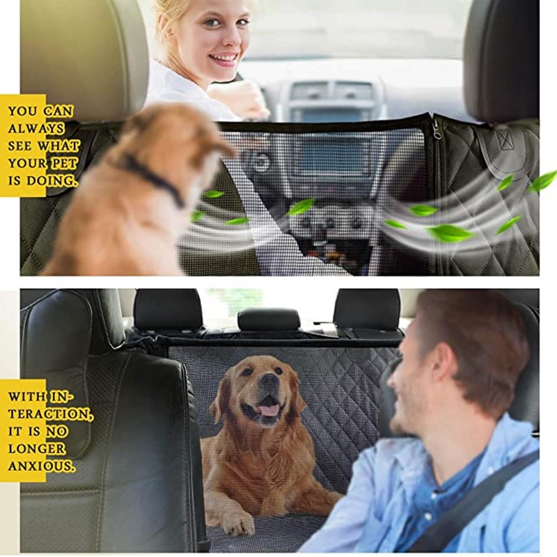 A dog on a car's back seat covered by the black Fourfold Hammock, seen through its mesh window from the front