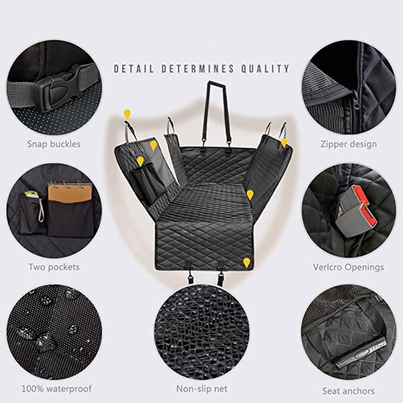 The black Fourfold Hammock with close-ups of its buckles, zips, pockets, seat-belt openings, non-slip back and seat anchors