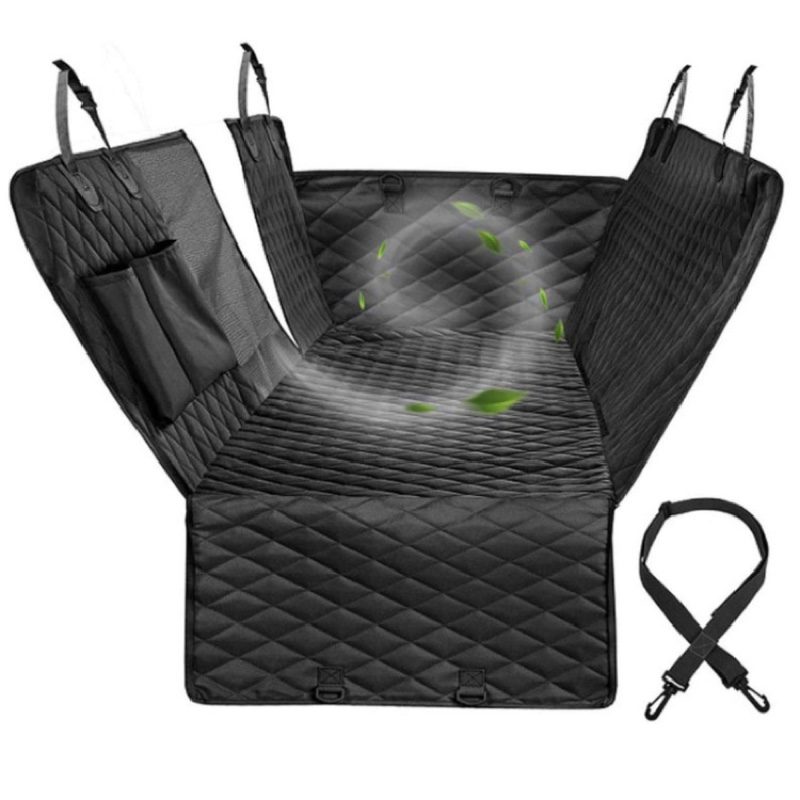 Fourfold Hammock back-seat cover in black, quilted, with straps for the headrests and a strap beside it