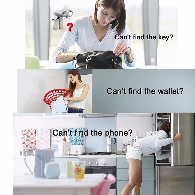 Three people searching their homes, captioned "Can't find the key?", "Can't find the wallet?" and "Can't find the phone?"