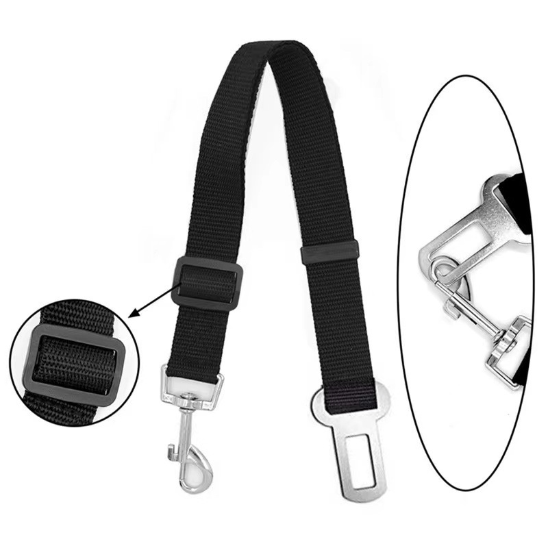 Fourfold Tether in black, with close-ups of its length adjuster and its snap hook