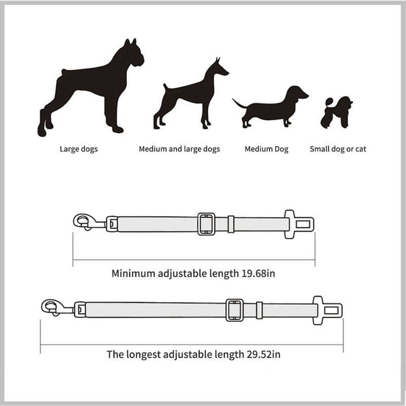 Size chart for the Fourfold Tether: it fits small to large dogs and adjusts from 19.68 to 29.52 inches